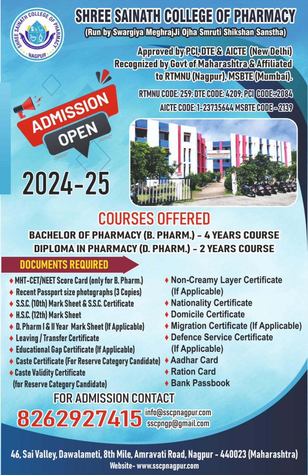 SHREE SAINATH COLLEGE OF PHARMACY – (Run by Swargiya MeghrajJi Ojha ...